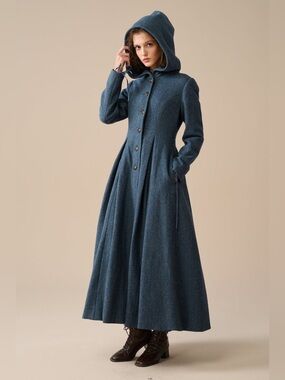 My Fair Lady Long Hooded Wool Trench Coat in Slate Blue